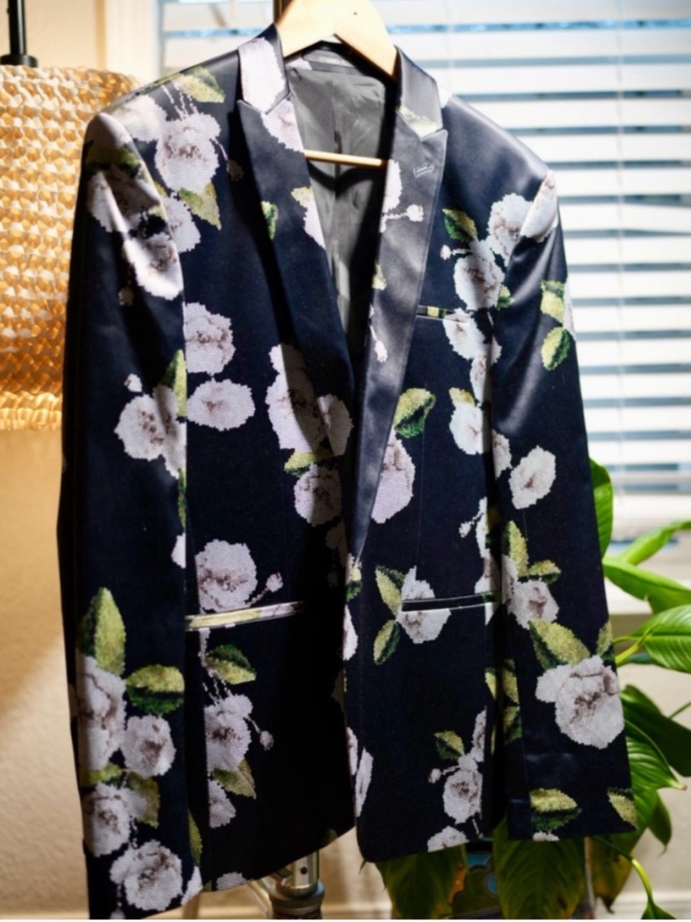 ASOS Navy Floral Blazer with White & Green Bloom Print